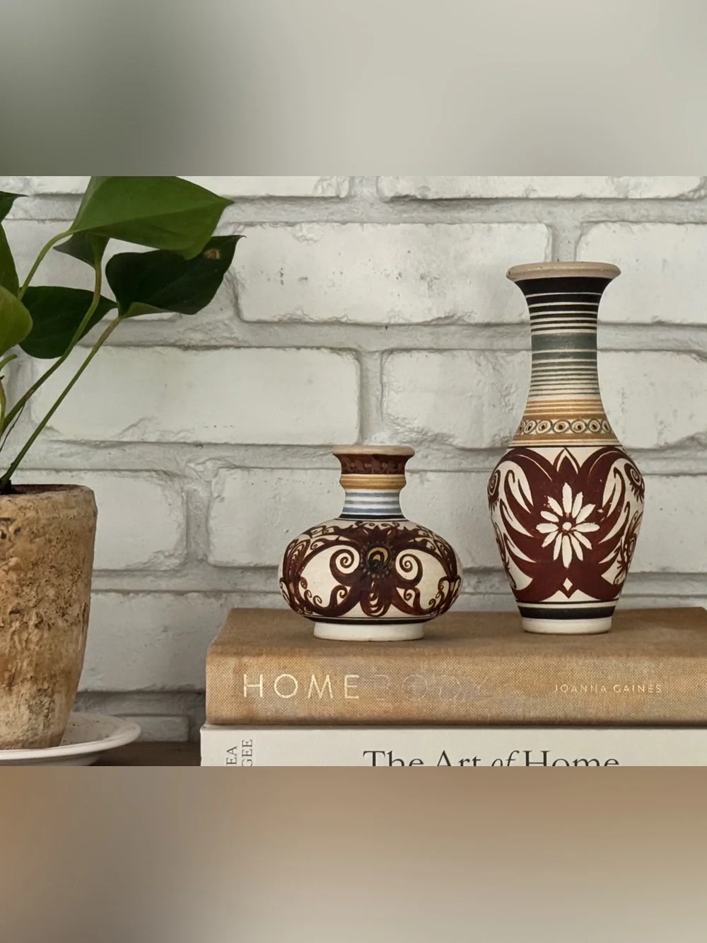 Vintage Hand Painted Studio Pottery Vase Pair Folk Art Boho MCM Floral